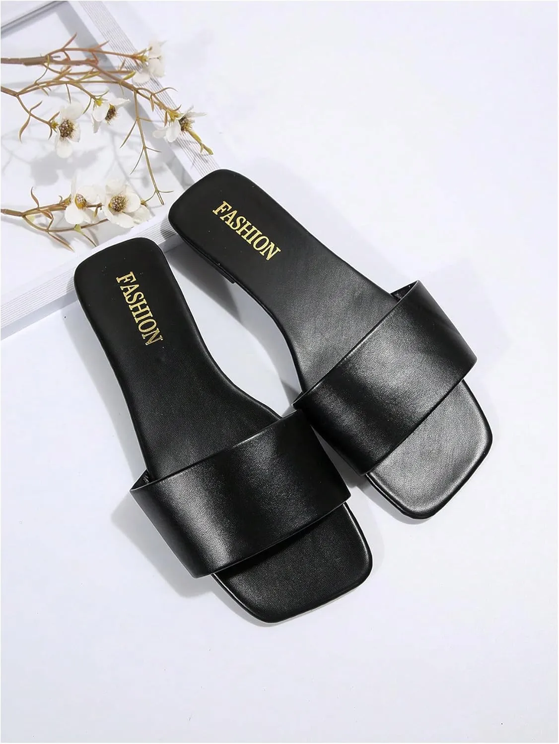 OYOANGLE Women's Leather Dressy Slide Sandals Square Open Toe Comfortable Flat Sandals