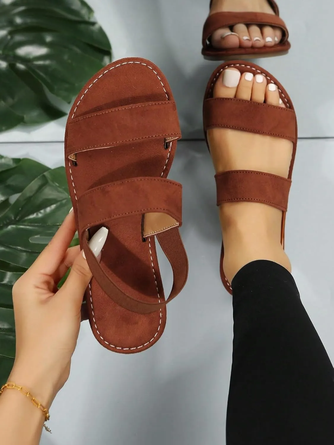 OYOANGLE Women's Two Straps Elastic Ankle Strap Flats Sandals Open Toe Solid Comfortable Slides Sandals