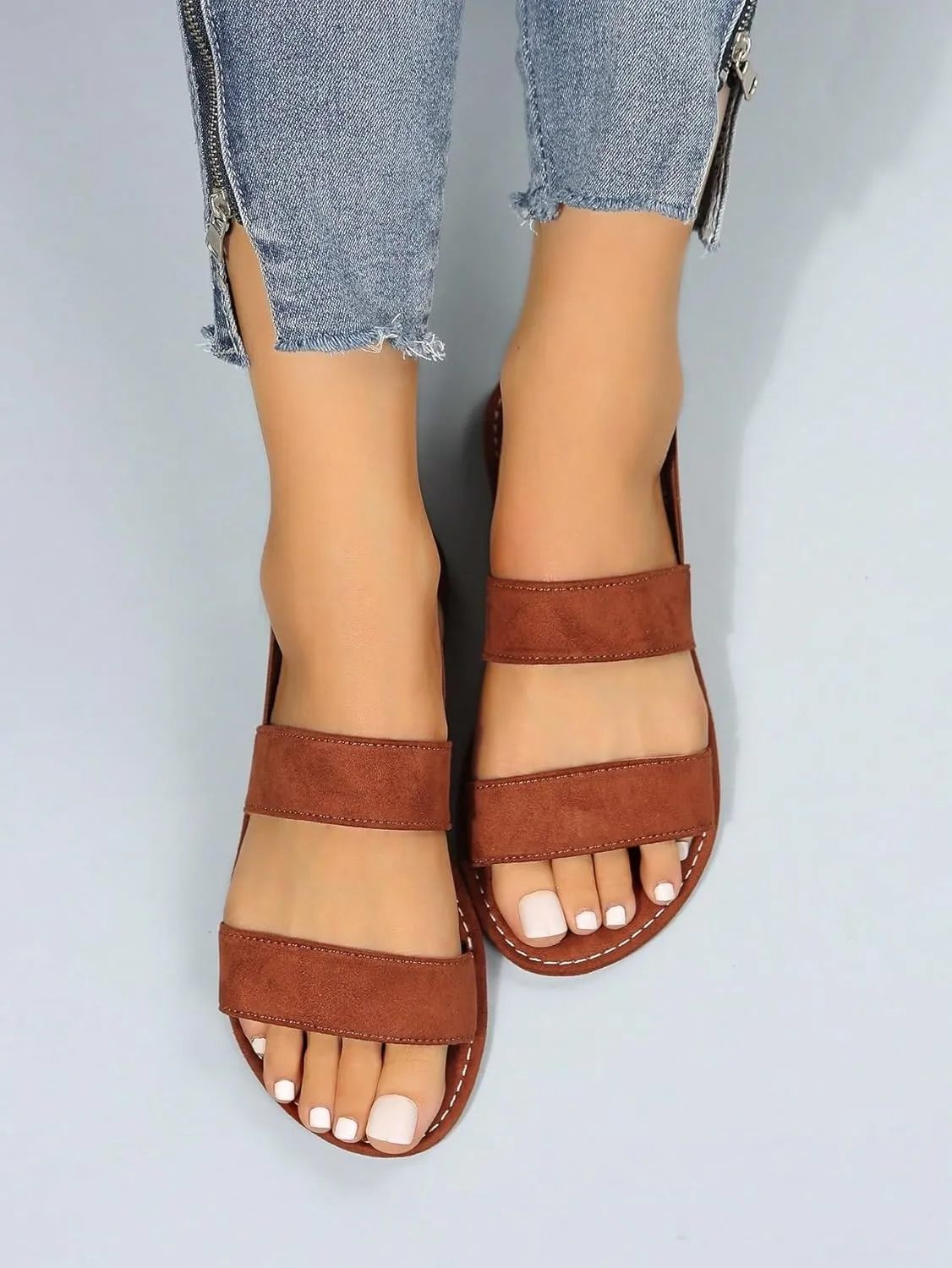 OYOANGLE Women's Two Straps Elastic Ankle Strap Flats Sandals Open Toe Solid Comfortable Slides Sandals