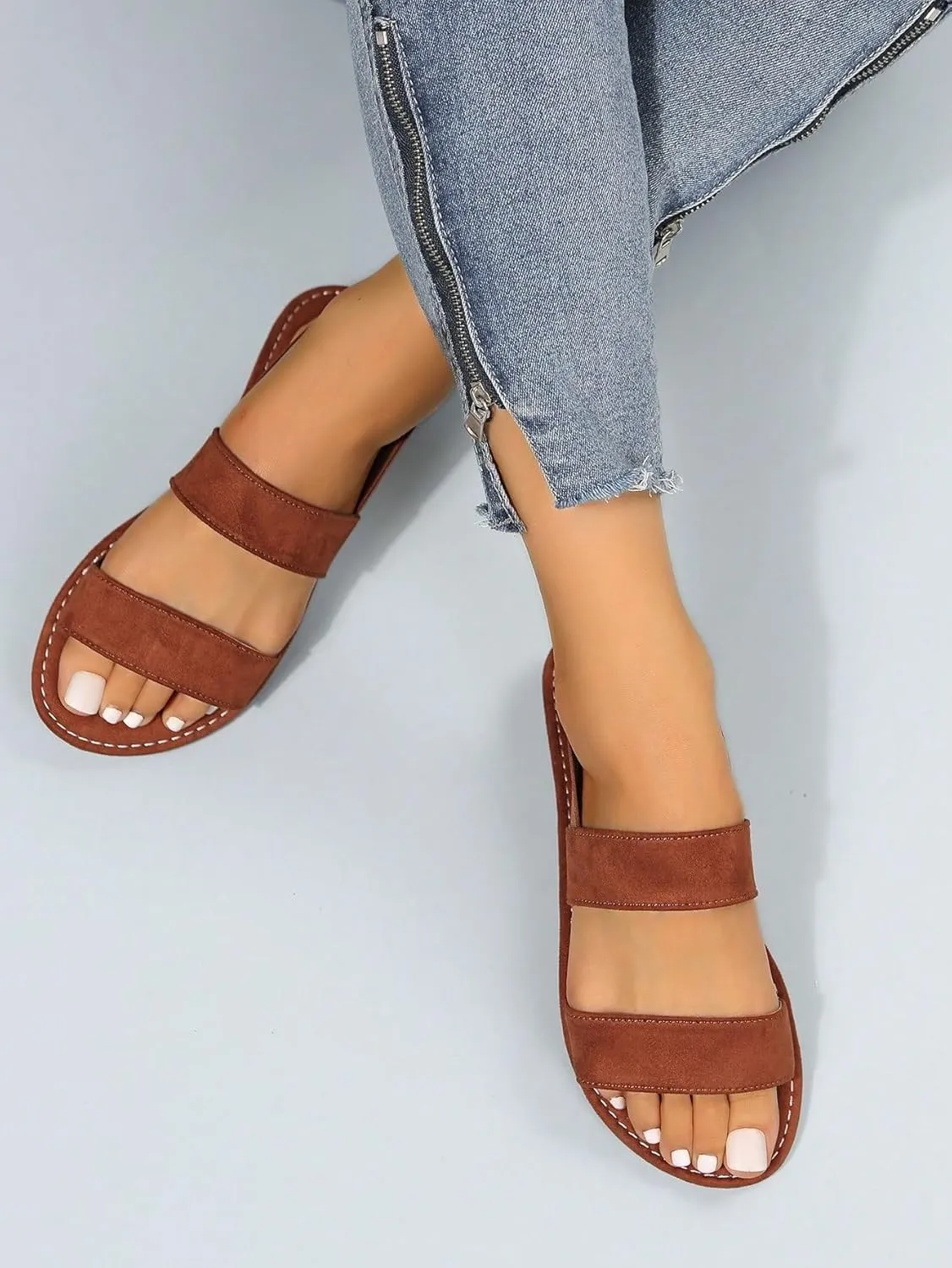 OYOANGLE Women's Two Straps Elastic Ankle Strap Flats Sandals Open Toe Solid Comfortable Slides Sandals