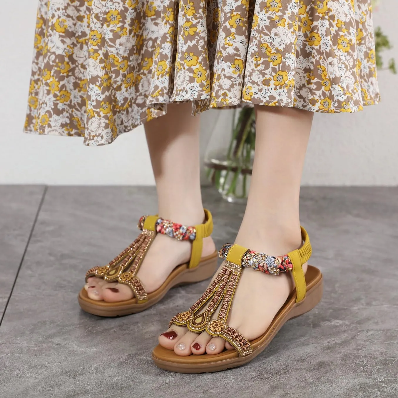 Parisuit Womens Flat Sandals Boho Bohemian Beaded Open Toe Elastic Ankle Strap Sandals Summer Comfortable Beach Wedge Shoes