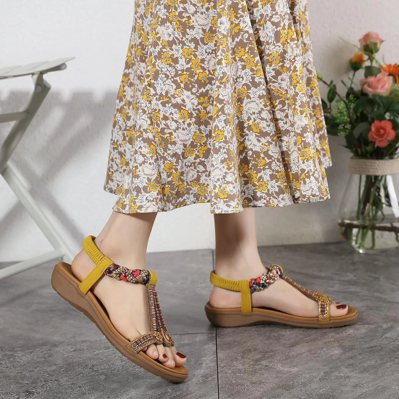 Parisuit Womens Flat Sandals Boho Bohemian Beaded Open Toe Elastic Ankle Strap Sandals Summer Comfortable Beach Wedge Shoes