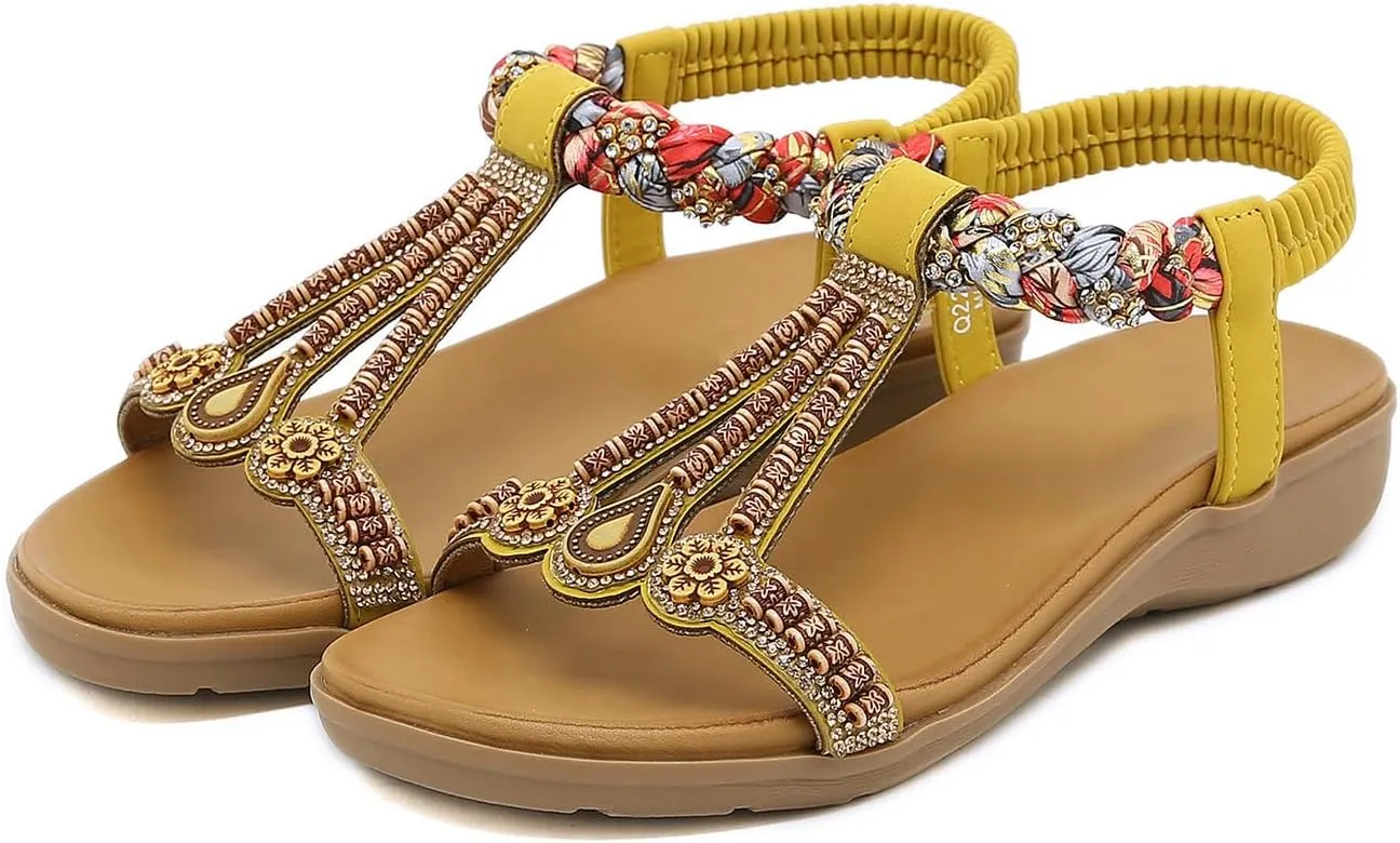 Parisuit Womens Flat Sandals Boho Bohemian Beaded Open Toe Elastic Ankle Strap Sandals Summer Comfortable Beach Wedge Shoes