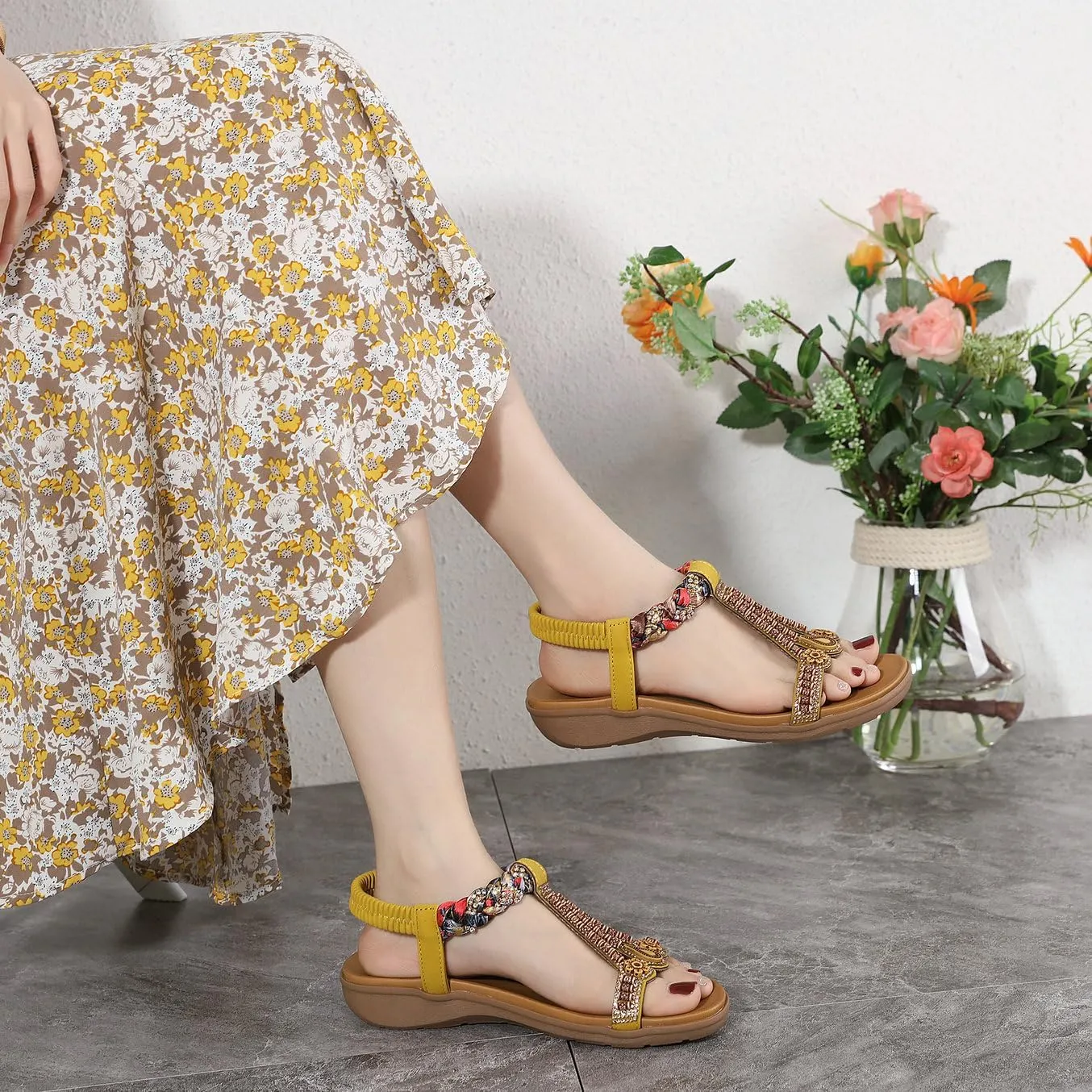 Parisuit Womens Flat Sandals Boho Bohemian Beaded Open Toe Elastic Ankle Strap Sandals Summer Comfortable Beach Wedge Shoes