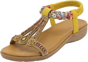 Parisuit Womens Flat Sandals Boho Bohemian Beaded Open Toe Elastic Ankle Strap Sandals Summer Comfortable Beach Wedge Shoes