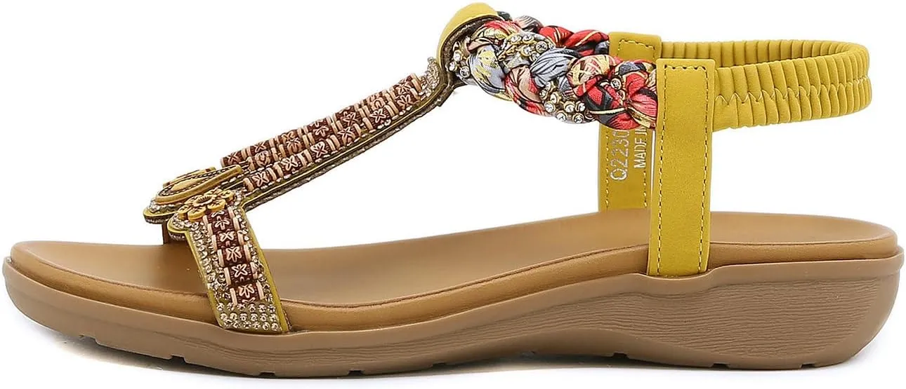 Parisuit Womens Flat Sandals Boho Bohemian Beaded Open Toe Elastic Ankle Strap Sandals Summer Comfortable Beach Wedge Shoes