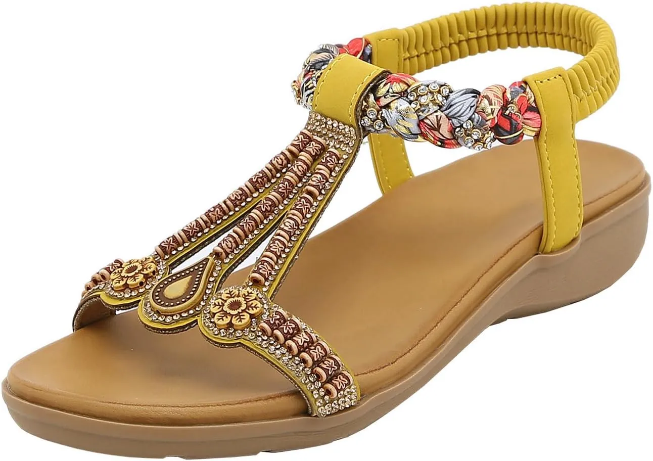 Parisuit Womens Flat Sandals Boho Bohemian Beaded Open Toe Elastic Ankle Strap Sandals Summer Comfortable Beach Wedge Shoes