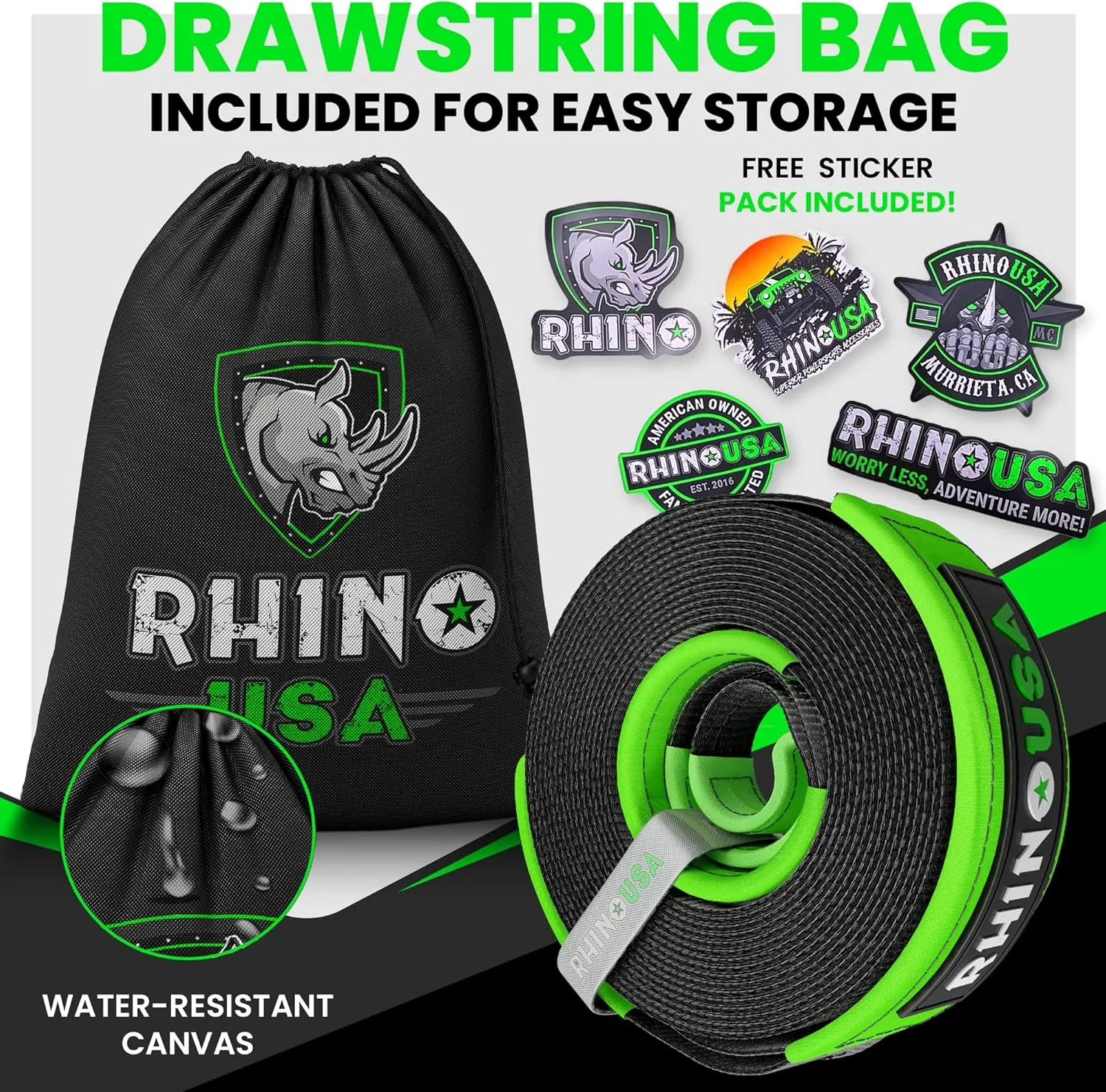 Rhino USA Recovery Tow Strap (3" x 20') - 31,518lb Break Strength - Emergency Recovery Strap Tow Rope for Truck, UTV, ATV & More - Heavy Duty Towing Strap for Offroad 4x4 Use - Compatible with Jeep