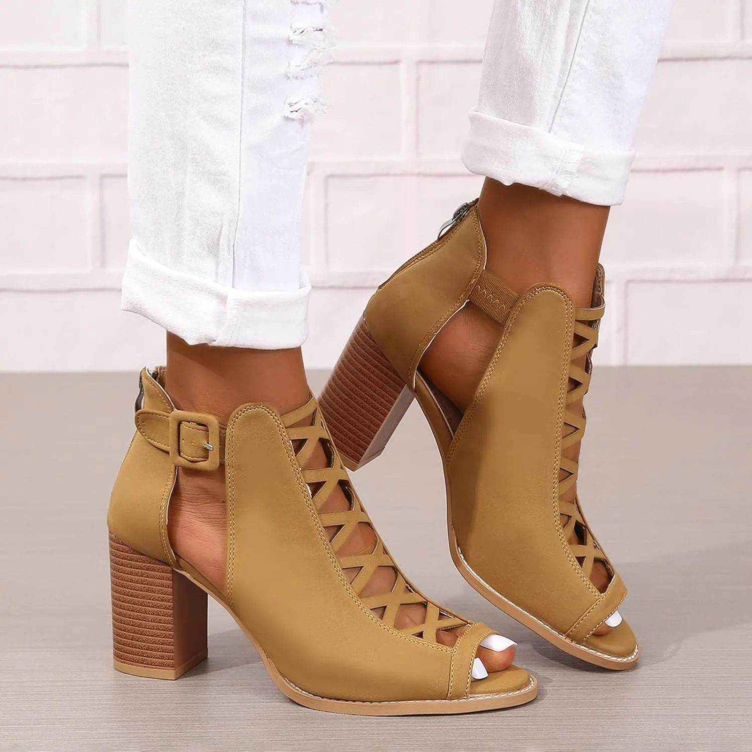 SACFOF Women Open Toe Crisscross High Heel Sandals Faux Suede Cutout Sandal with Adjustable Ankle Strap and Back Zipper