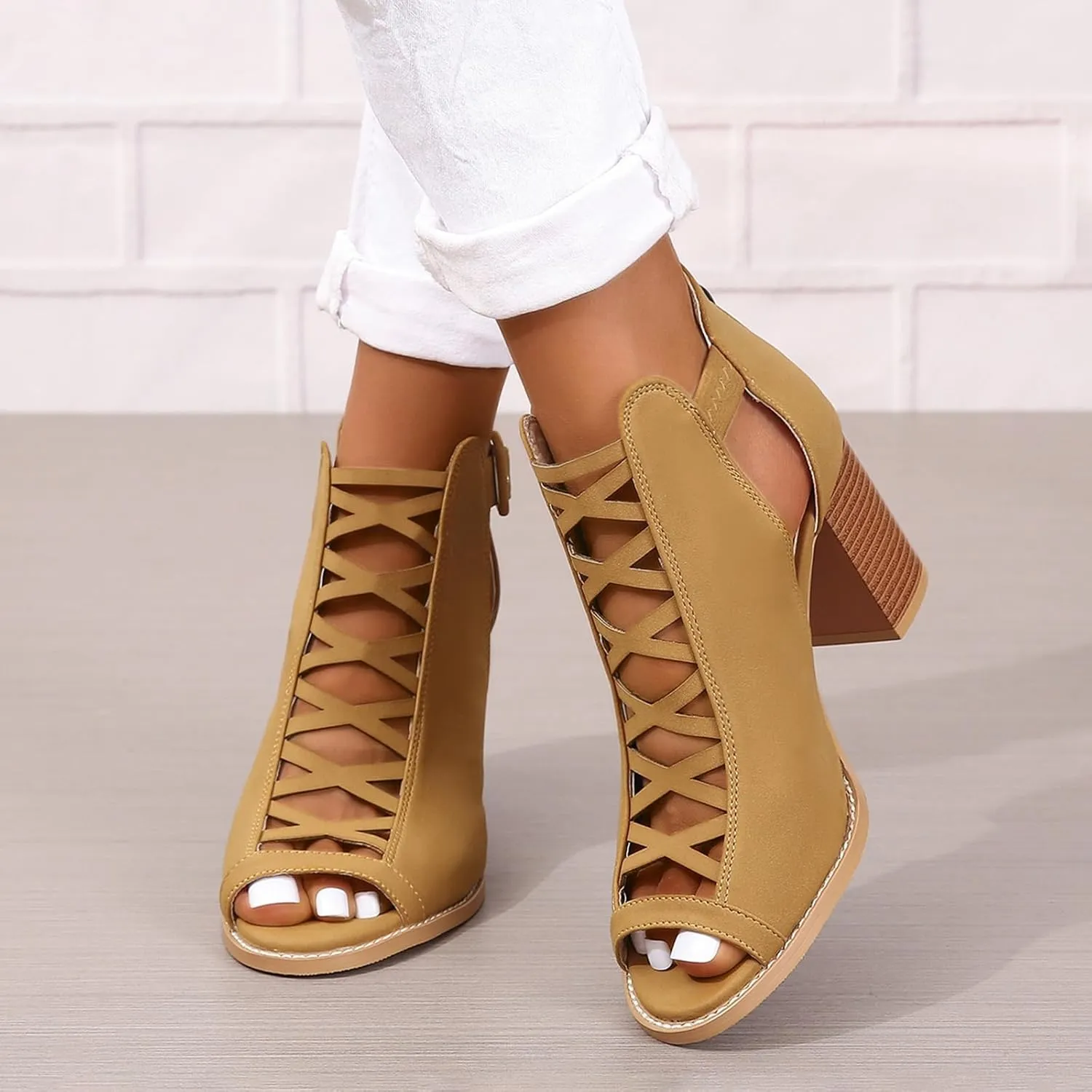 SACFOF Women Open Toe Crisscross High Heel Sandals Faux Suede Cutout Sandal with Adjustable Ankle Strap and Back Zipper