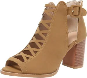 SACFOF Women Open Toe Crisscross High Heel Sandals Faux Suede Cutout Sandal with Adjustable Ankle Strap and Back Zipper