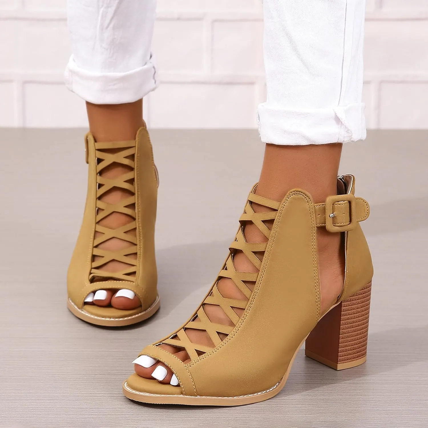 SACFOF Women Open Toe Crisscross High Heel Sandals Faux Suede Cutout Sandal with Adjustable Ankle Strap and Back Zipper