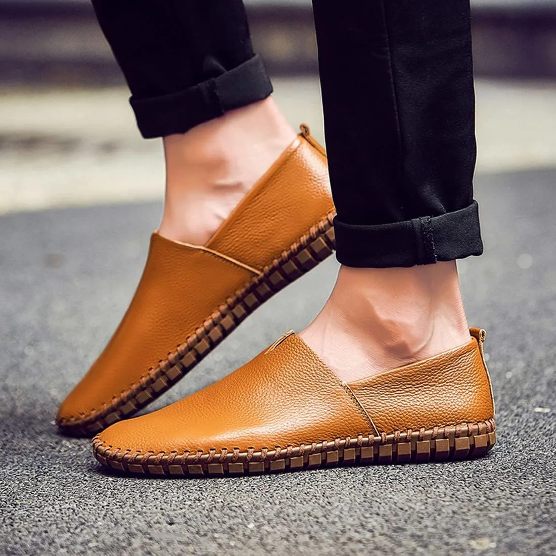 Santimon Men's Leather Espadrille Slip-On Plain Toe Casual Dress Loafer Shoes