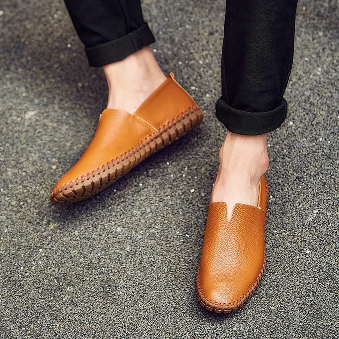 Santimon Men's Leather Espadrille Slip-On Plain Toe Casual Dress Loafer Shoes