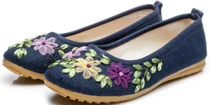 SATUKI Handmade Embroidered Shoes for Women, Slip-On Casual Loafer Flat Floral Slippers