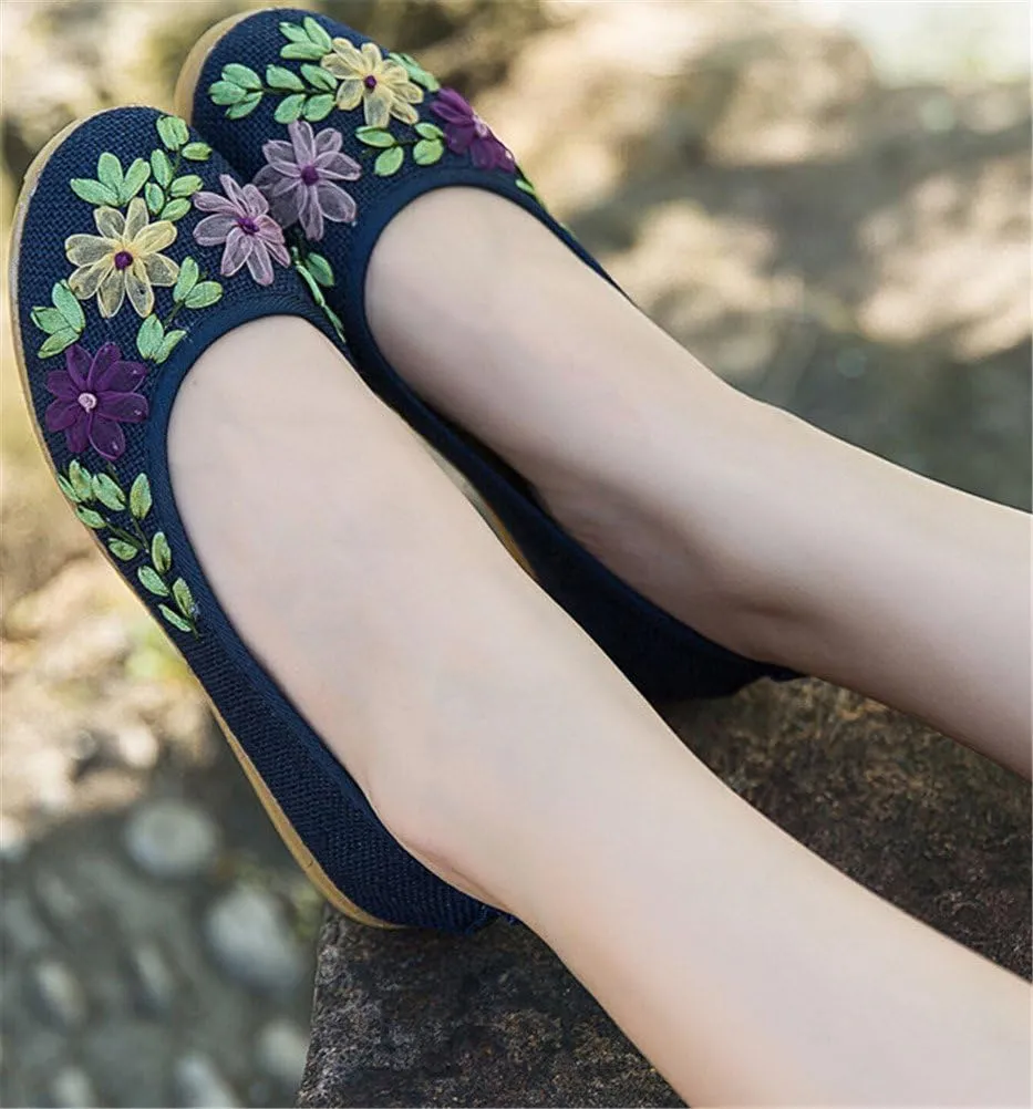 SATUKI Handmade Embroidered Shoes for Women, Slip-On Casual Loafer Flat Floral Slippers