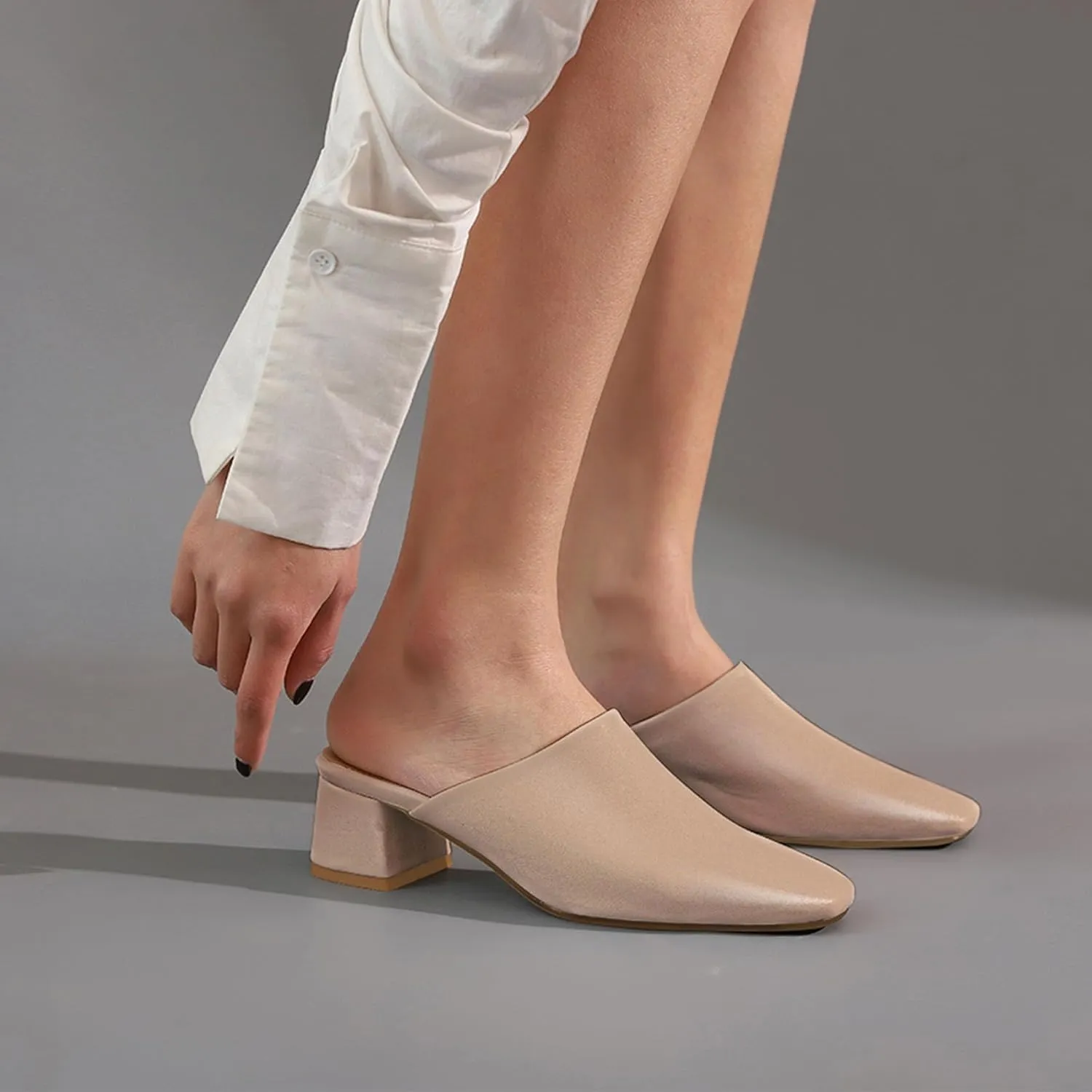SHEMEE Women's Closed Square Toe Chunky Heel Slides Mule Pumps Slip On Mid Block Heels Slippers Sandals Backless Slingback Shoes