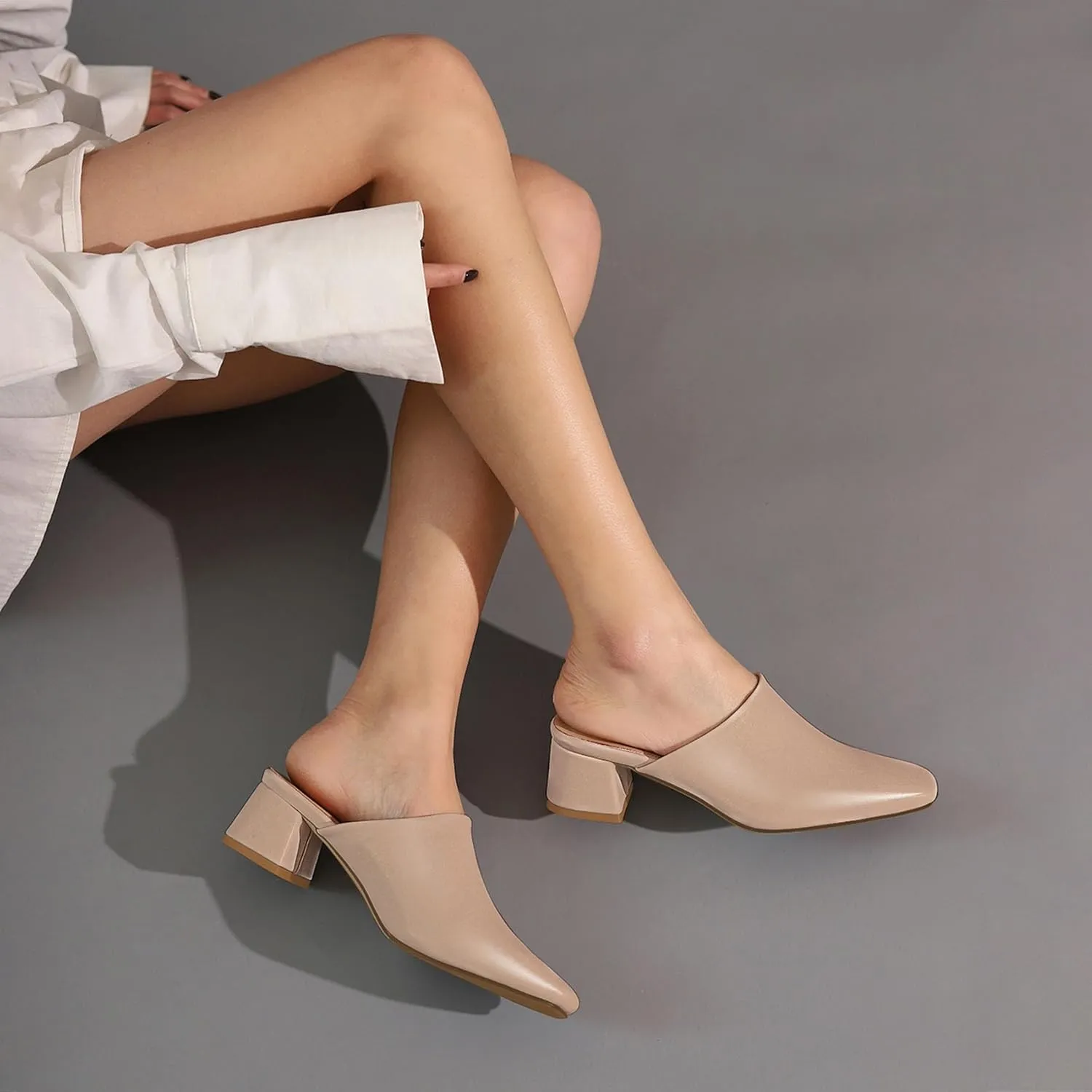 SHEMEE Women's Closed Square Toe Chunky Heel Slides Mule Pumps Slip On Mid Block Heels Slippers Sandals Backless Slingback Shoes