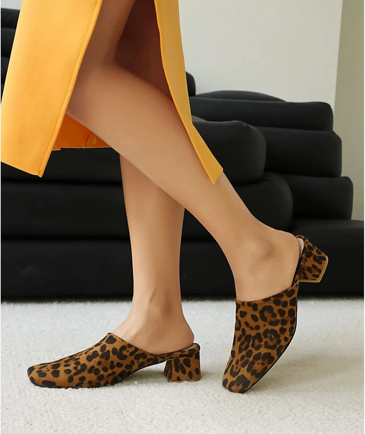 SHEMEE Women's Closed Square Toe Chunky Heel Slides Mule Pumps Slip On Mid Block Heels Slippers Sandals Backless Slingback Shoes