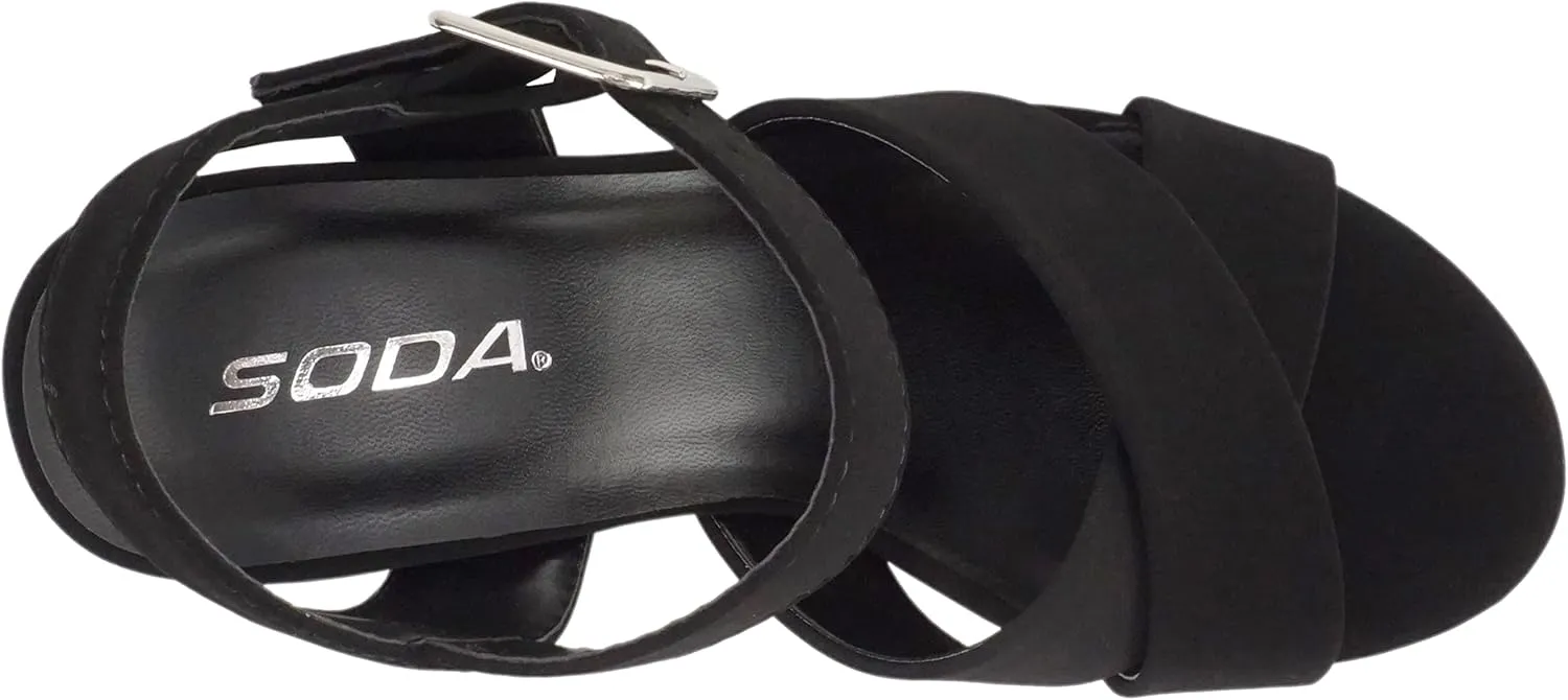 Soda “SYREN” ~ Women Open Round Toe Crisscross Band Ankle Strap Buckle High Heel Notch Wedge Sandal