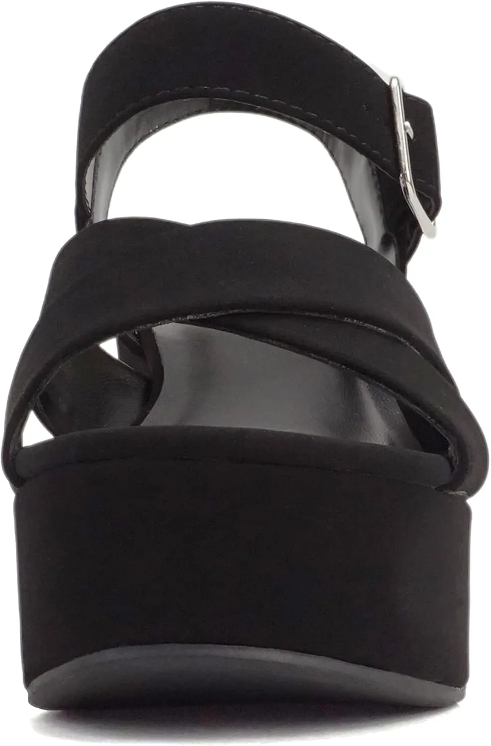 Soda “SYREN” ~ Women Open Round Toe Crisscross Band Ankle Strap Buckle High Heel Notch Wedge Sandal