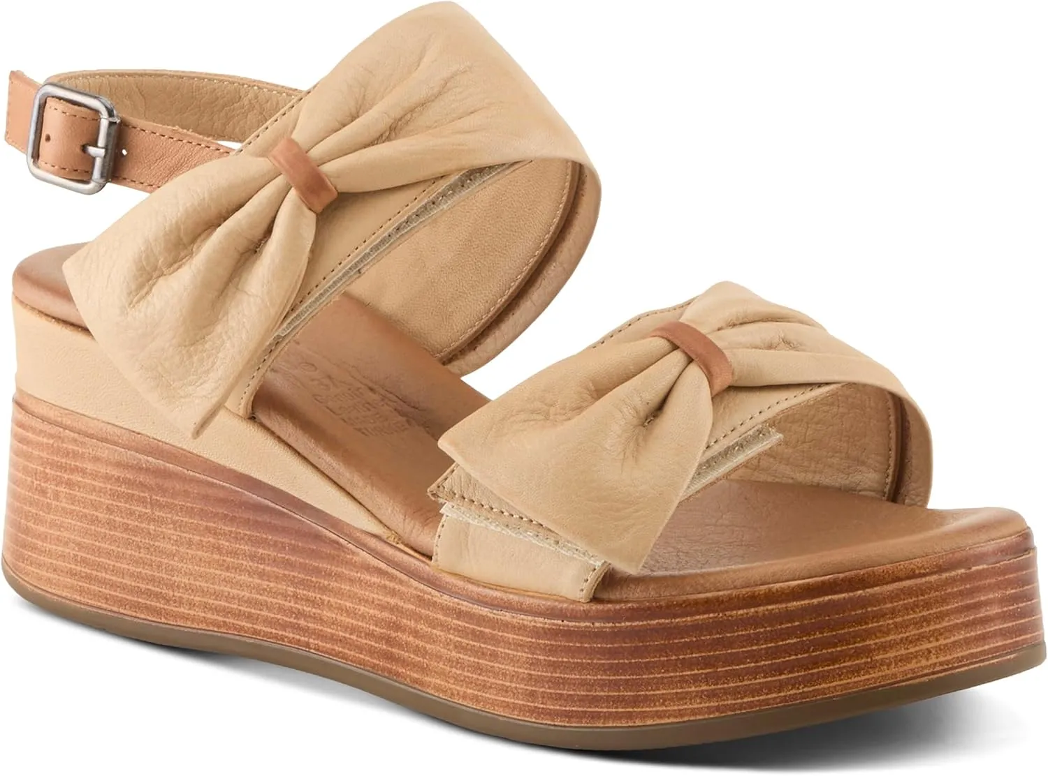 Spring Step Women's KACPER Hook and Loop Leather Wedge Sandal – Adjustable Straps, Bow Detail, All-Day Comfort