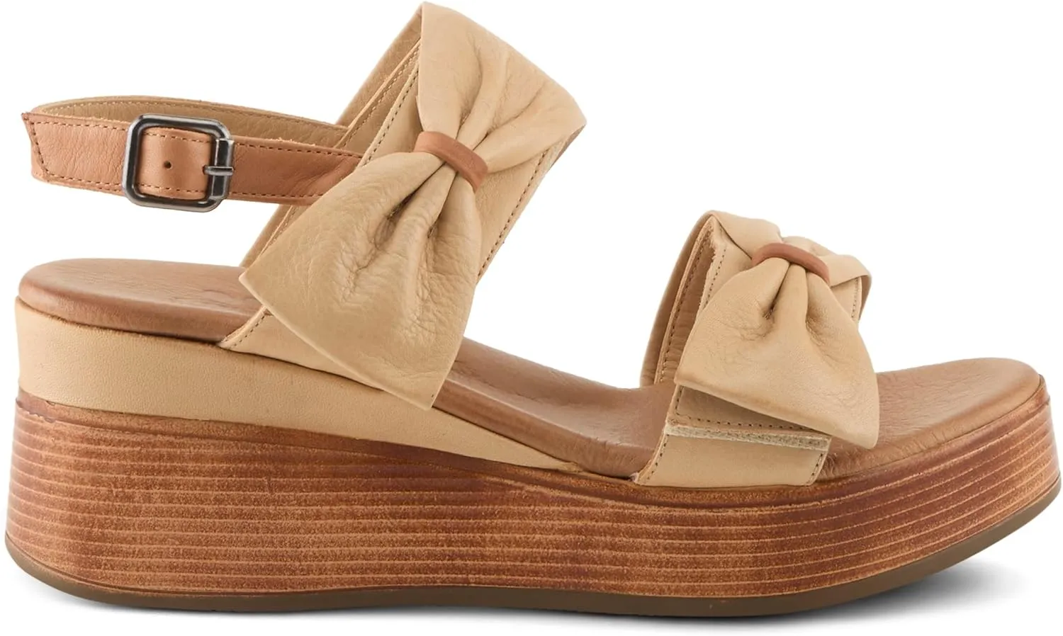 Spring Step Women's KACPER Hook and Loop Leather Wedge Sandal – Adjustable Straps, Bow Detail, All-Day Comfort