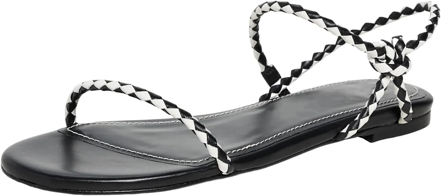 Strappy Flat Sandals for Women Round Open Toe Slip on Ankle Strap Backless Sandals Slingback Casual Vacation Dressy Shoes