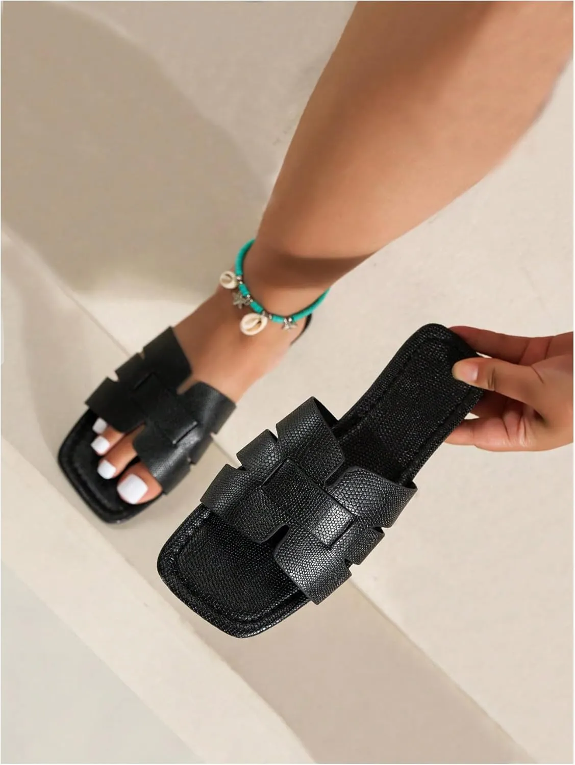 SweatyRocks Women's Open Square Toe Flat Sandals Leather Summer Dressy Slide Sandals
