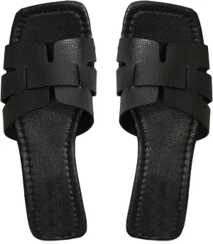 SweatyRocks Women's Open Square Toe Flat Sandals Leather Summer Dressy Slide Sandals