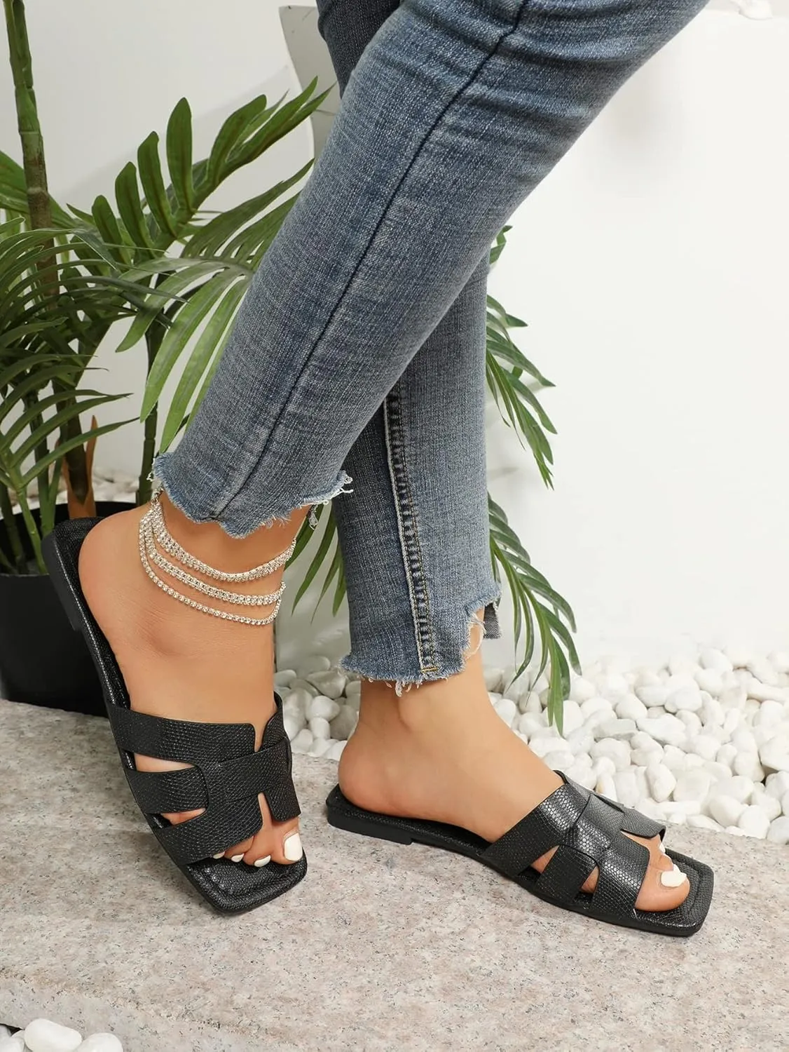 SweatyRocks Women's Open Square Toe Flat Sandals Leather Summer Dressy Slide Sandals