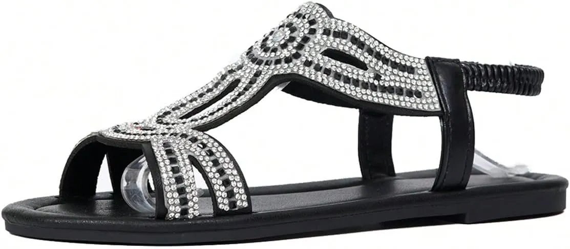 SweatyRocks Women's Rhinestone Open Toe Flat Sandals Elastic Ankle Strap Beach Shoes