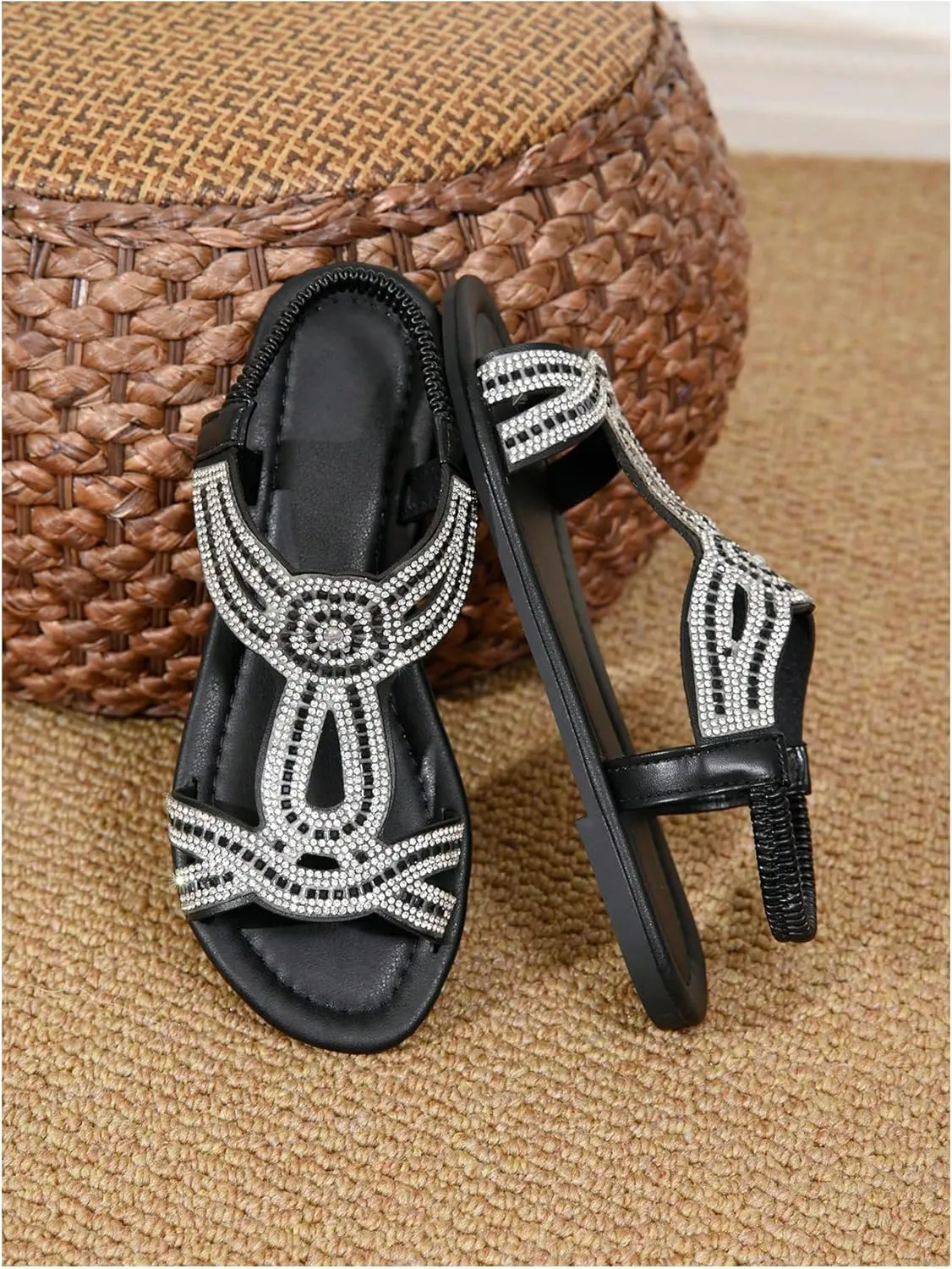 SweatyRocks Women's Rhinestone Open Toe Flat Sandals Elastic Ankle Strap Beach Shoes