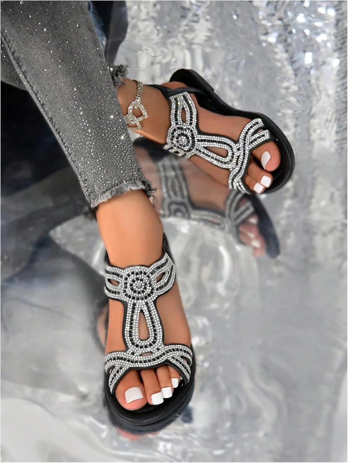 SweatyRocks Women's Rhinestone Open Toe Flat Sandals Elastic Ankle Strap Beach Shoes