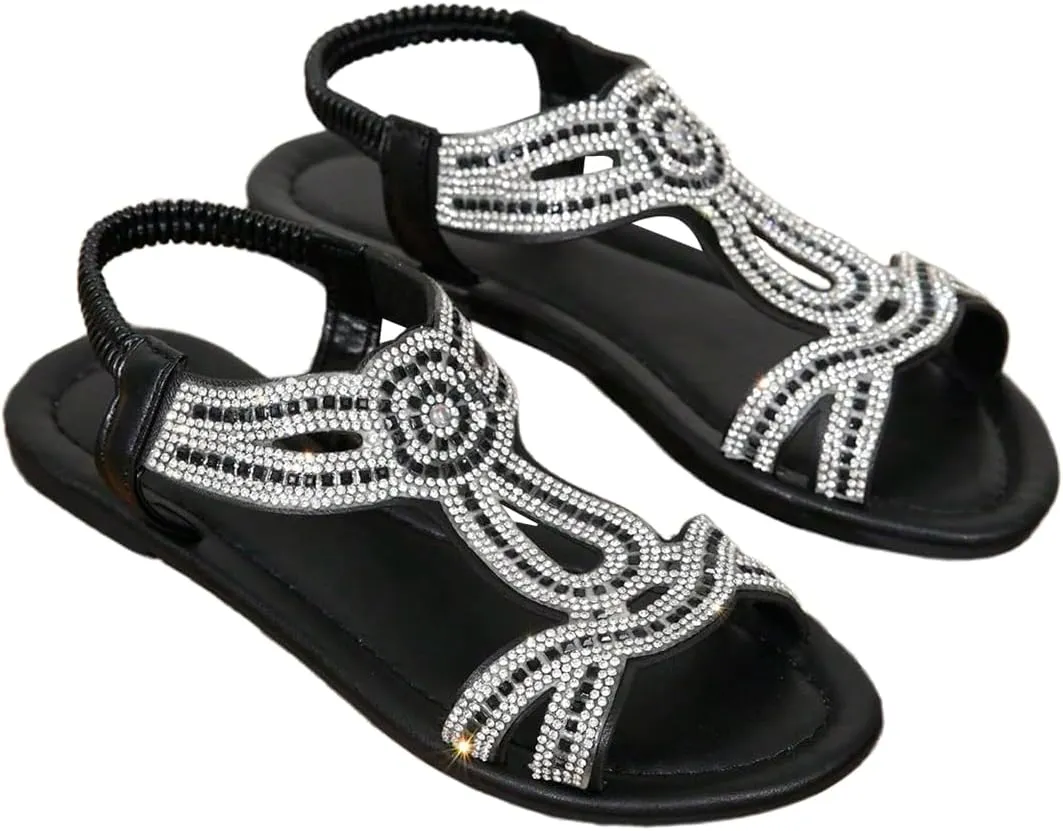 SweatyRocks Women's Rhinestone Open Toe Flat Sandals Elastic Ankle Strap Beach Shoes