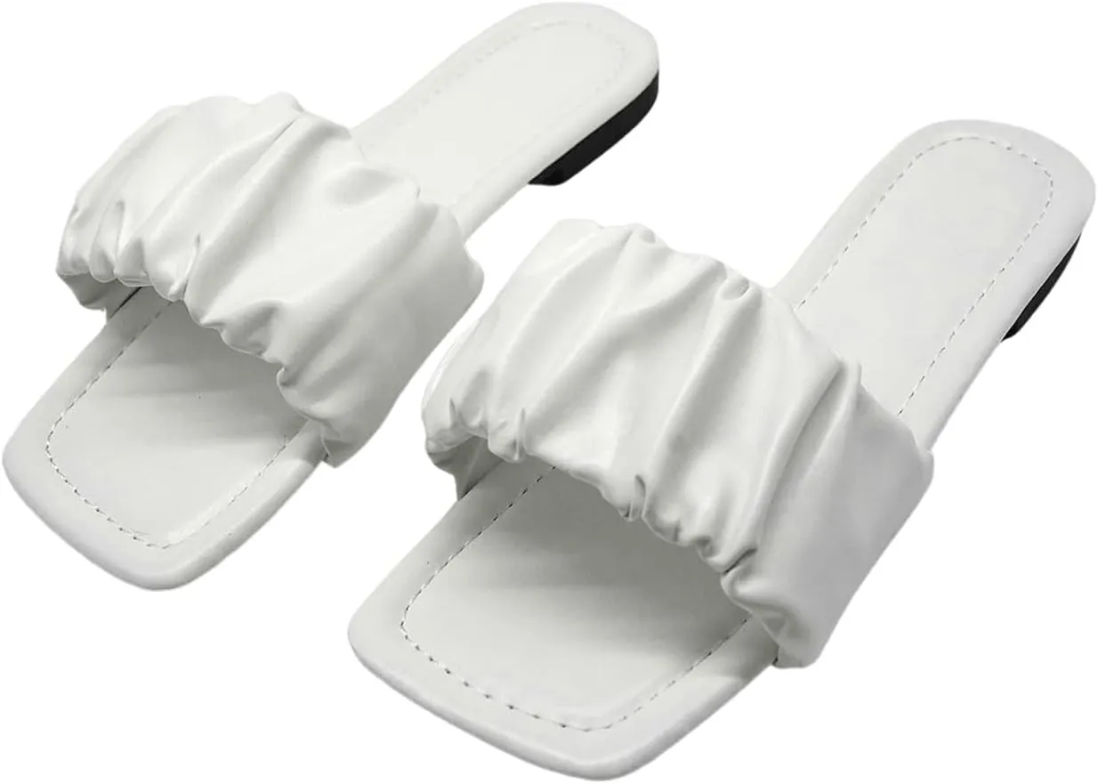SweatyRocks Women's Ruched Slide Sandals Square Open Toe Outdoors Flat Sandals Slippers