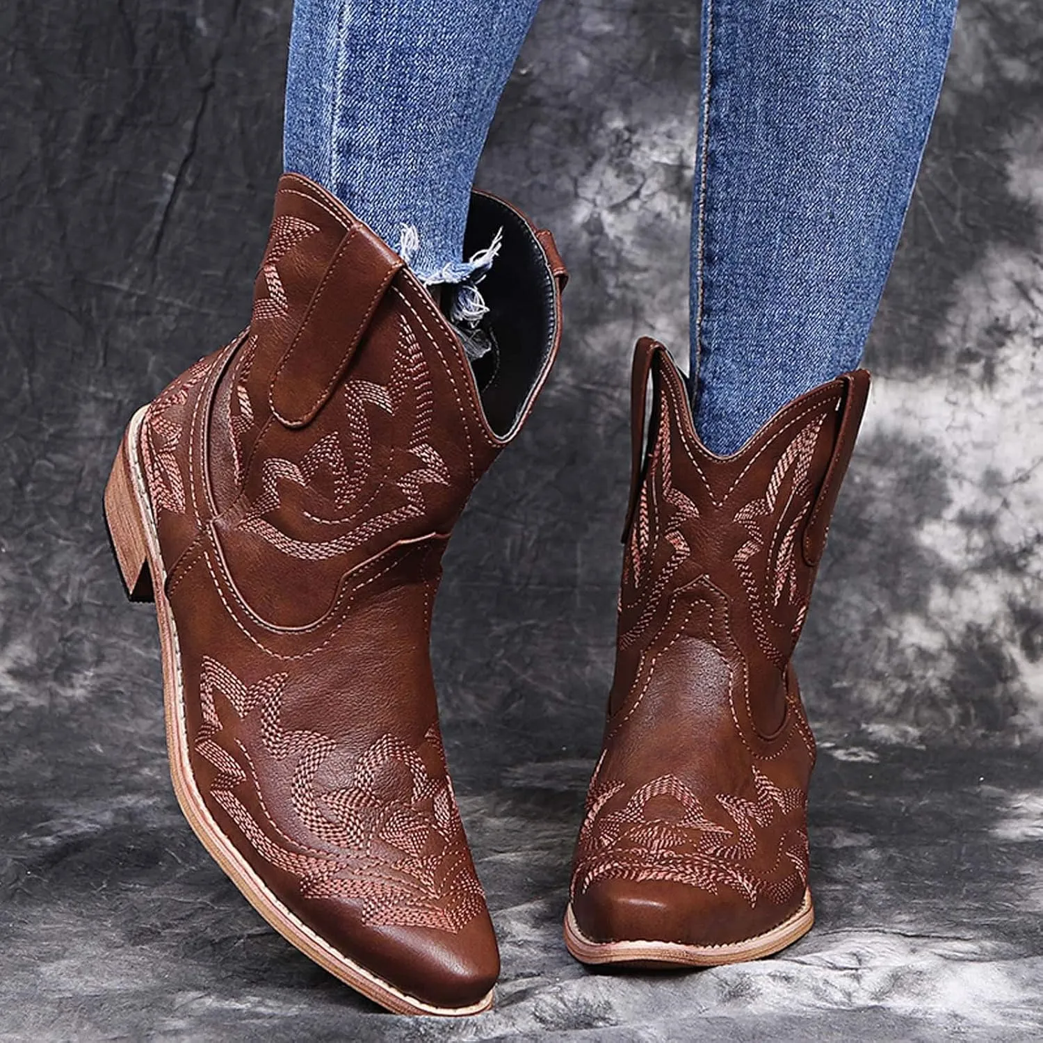 Tall Ankle Boots Womens Winter Ankle Boots 2024 Ankle Booties Heels Womens Low Cut Boots Water Proof Duck Comfort Ankle Boots for Women Low Heel Wide Ankle Cowboy Boots for Women