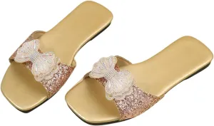 Verdusa Women's Bow Decor Glitter Leather Flat Sandals Slip on Open Toe Sandals