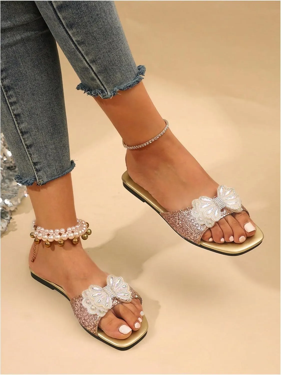 Verdusa Women's Bow Decor Glitter Leather Flat Sandals Slip on Open Toe Sandals