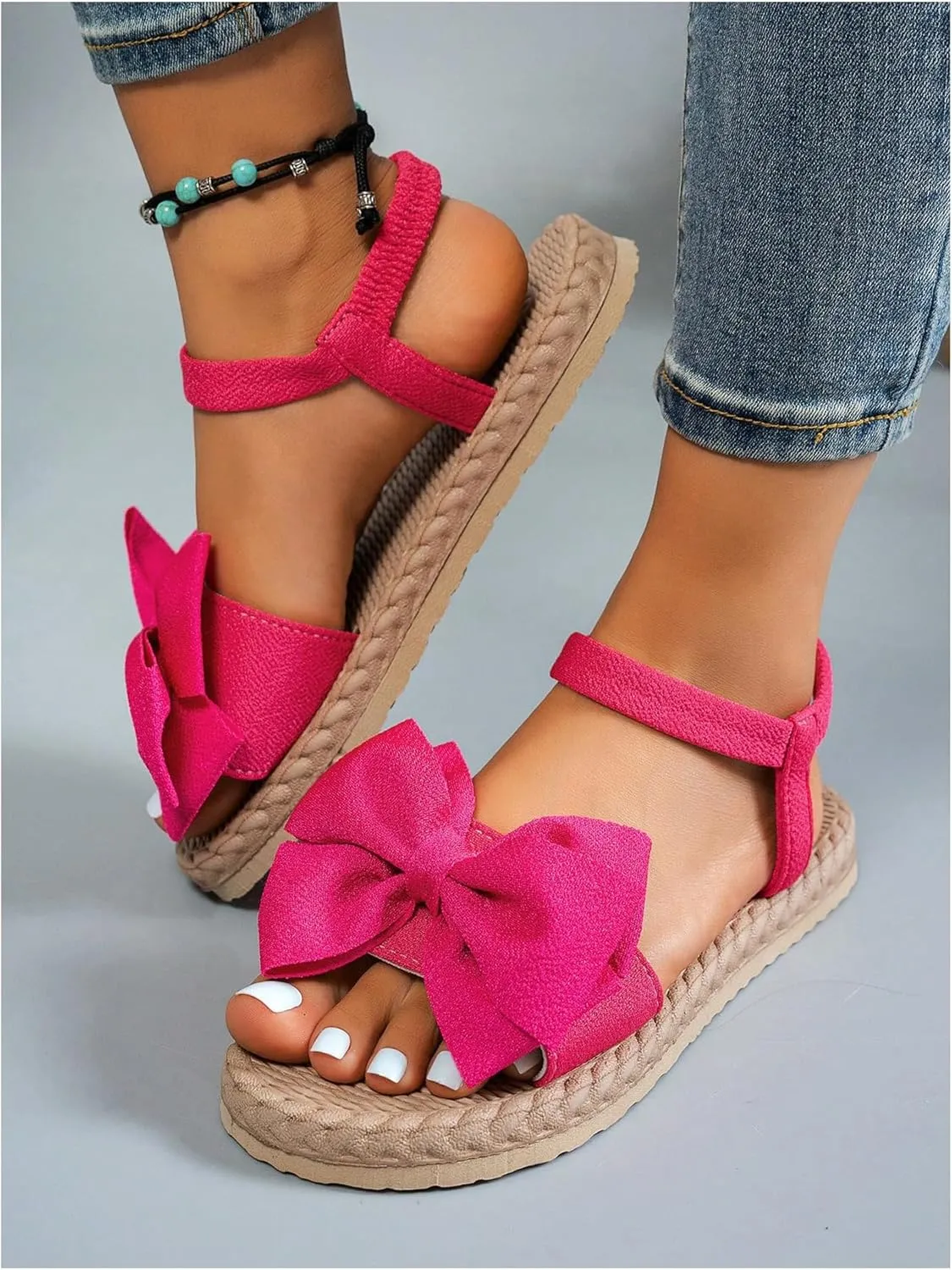 Verdusa Women's Bow Knot Flat Sandals Open Toe Ankle Strap Vacation Sandals