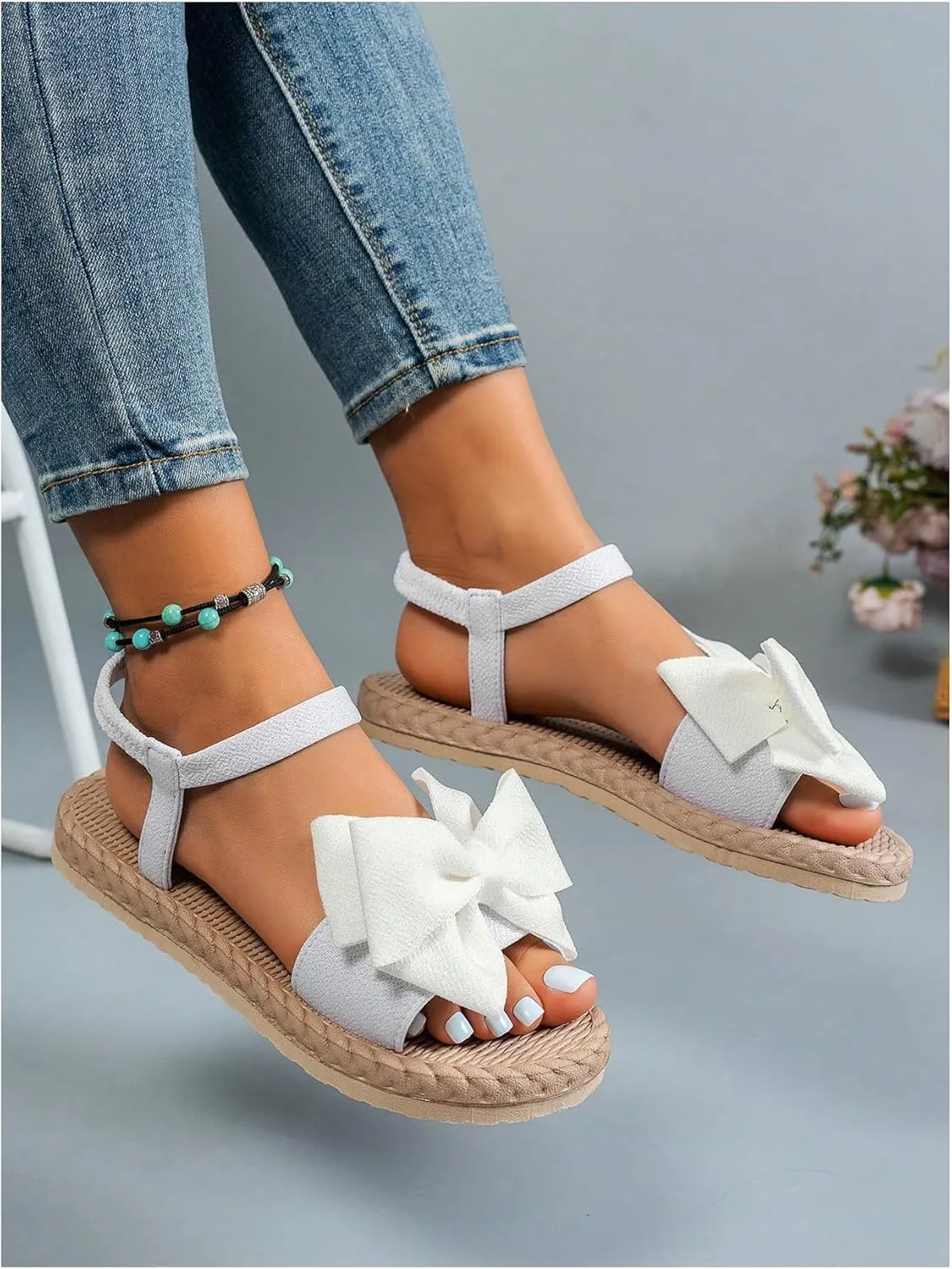 Verdusa Women's Bow Knot Flat Sandals Open Toe Ankle Strap Vacation Sandals