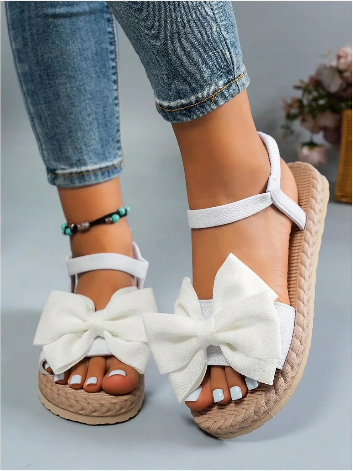 Verdusa Women's Bow Knot Flat Sandals Open Toe Ankle Strap Vacation Sandals