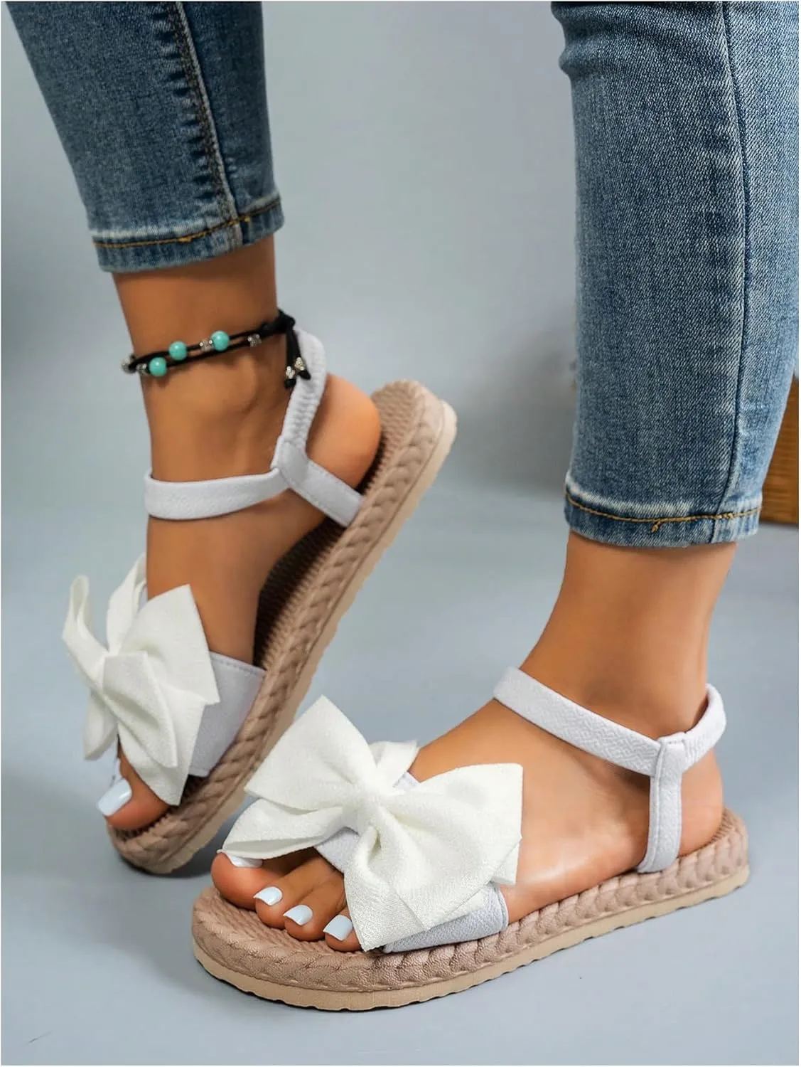 Verdusa Women's Bow Knot Flat Sandals Open Toe Ankle Strap Vacation Sandals