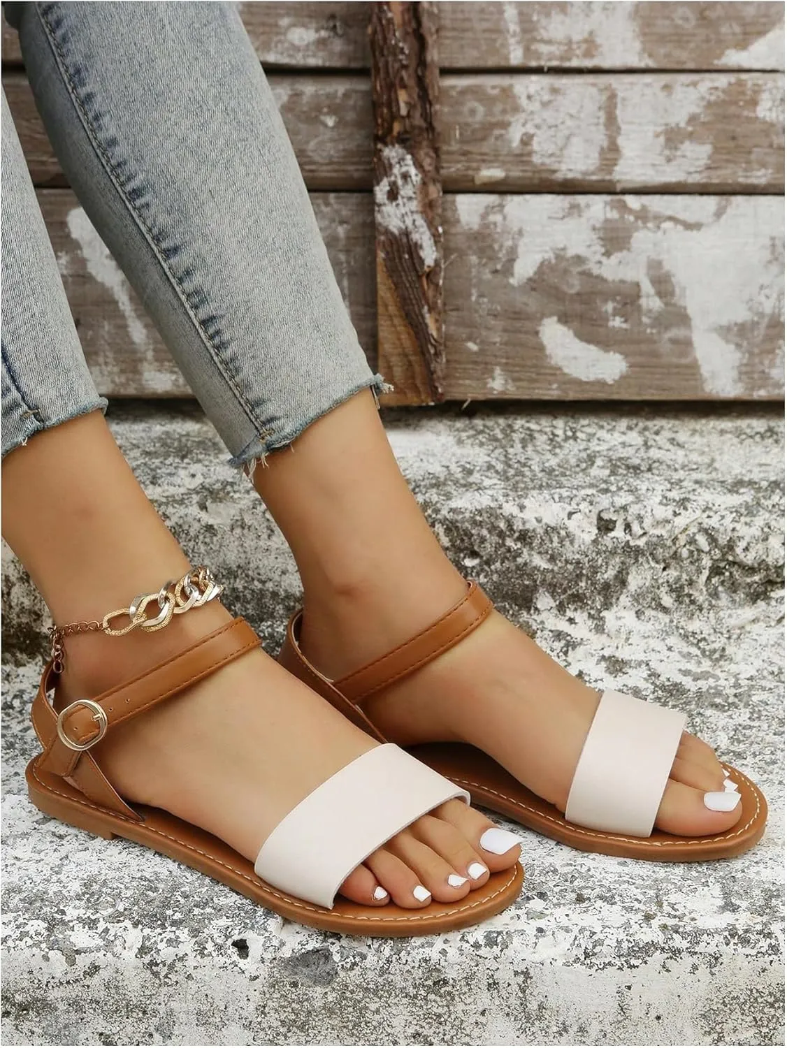 Verdusa Women's One Band Ankle Strap Flat Sandals Open Toe Walking Shoes