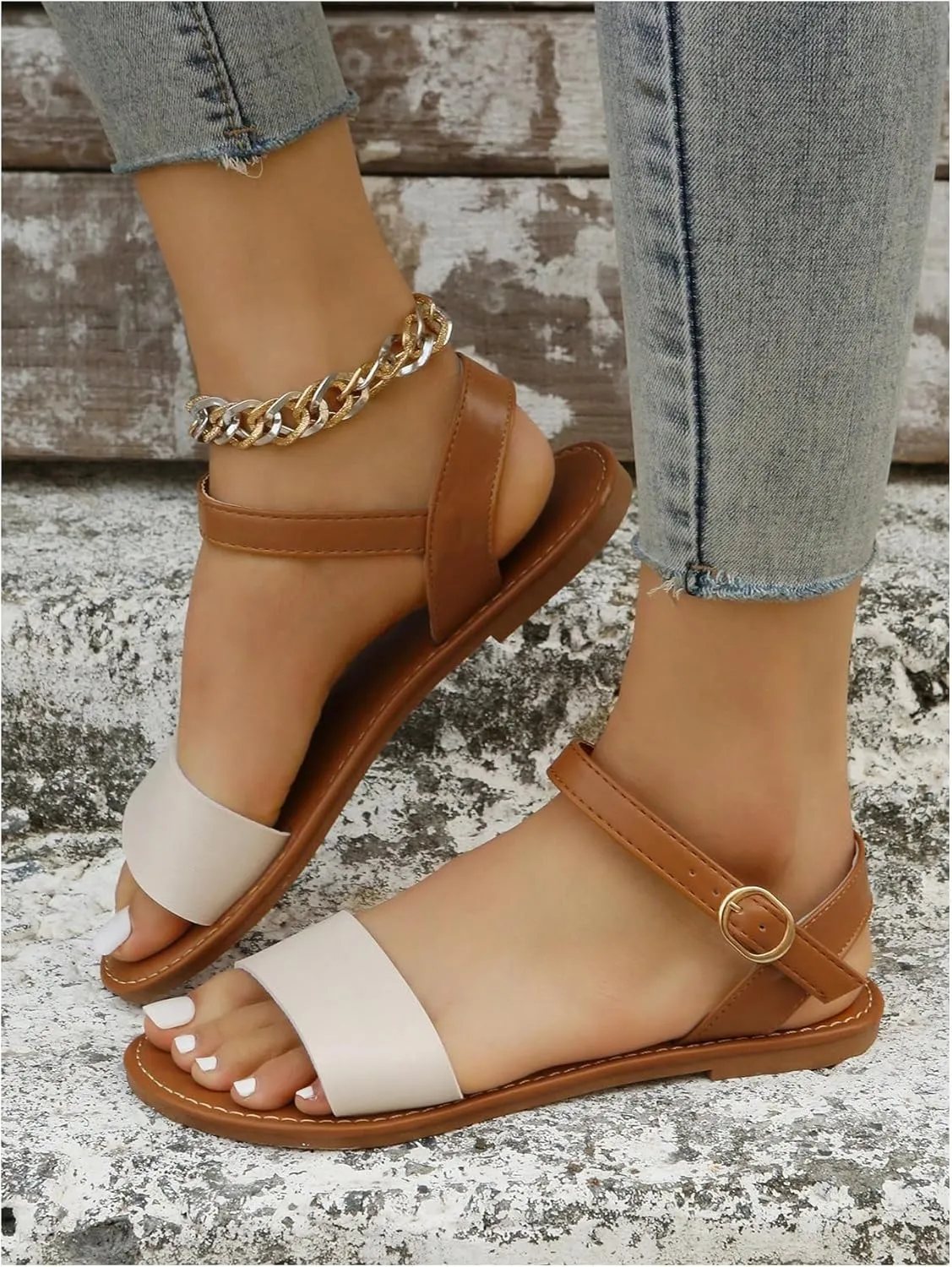 Verdusa Women's One Band Ankle Strap Flat Sandals Open Toe Walking Shoes
