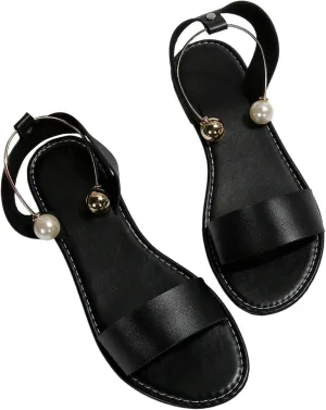 Verdusa Women's Open Toe Flat Summer Slide Sandals with Ankle Strap Black 9