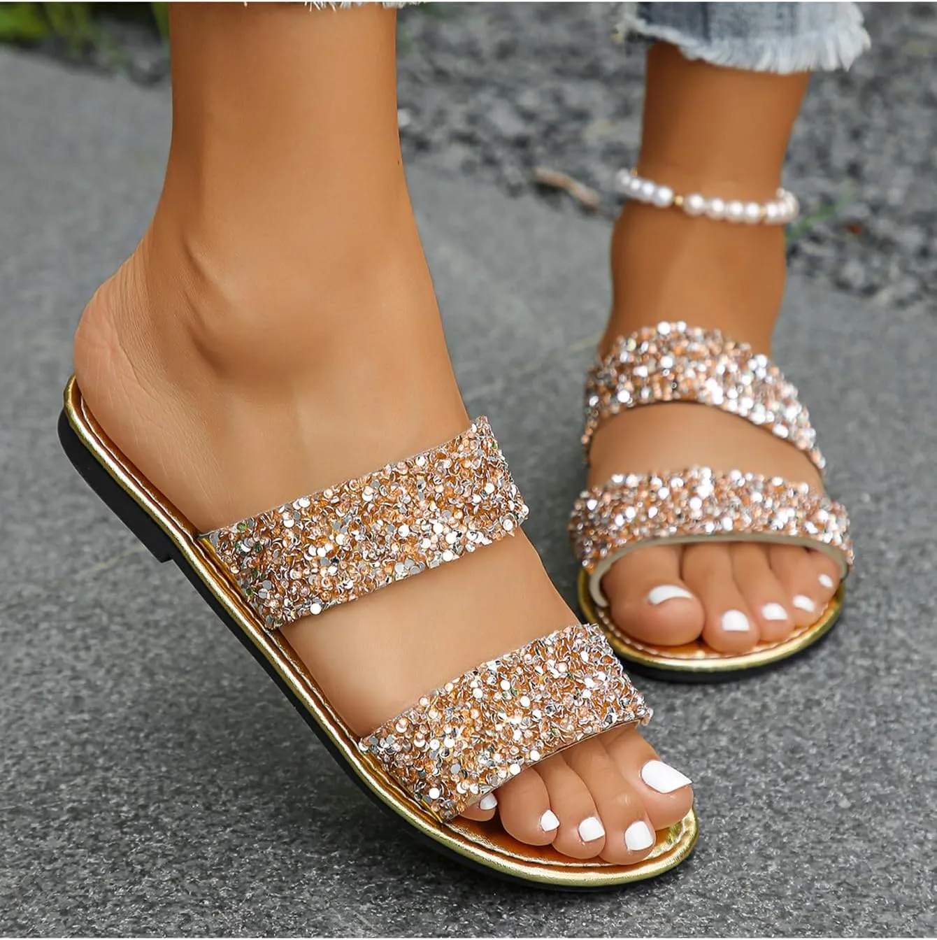 Verdusa Women's Pearls Slippers PU Leather Dressy Casual Open Toe Flat Slides Sandals