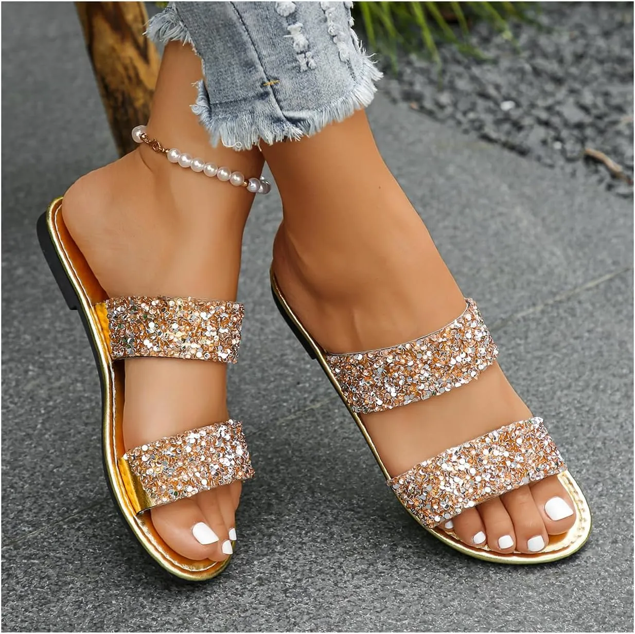 Verdusa Women's Pearls Slippers PU Leather Dressy Casual Open Toe Flat Slides Sandals