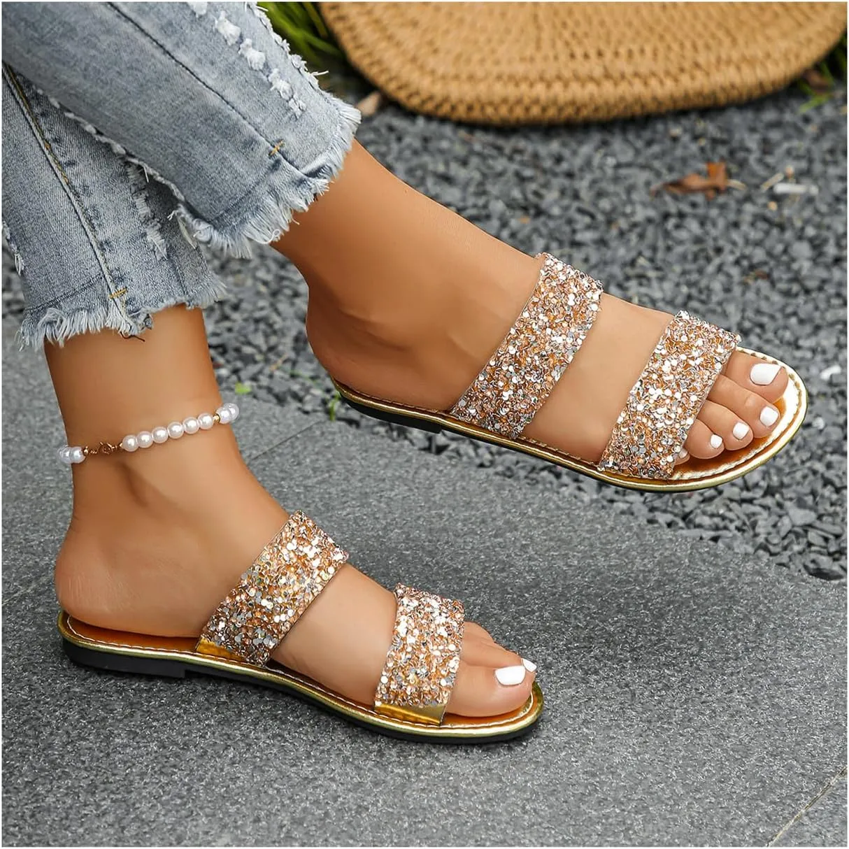 Verdusa Women's Pearls Slippers PU Leather Dressy Casual Open Toe Flat Slides Sandals