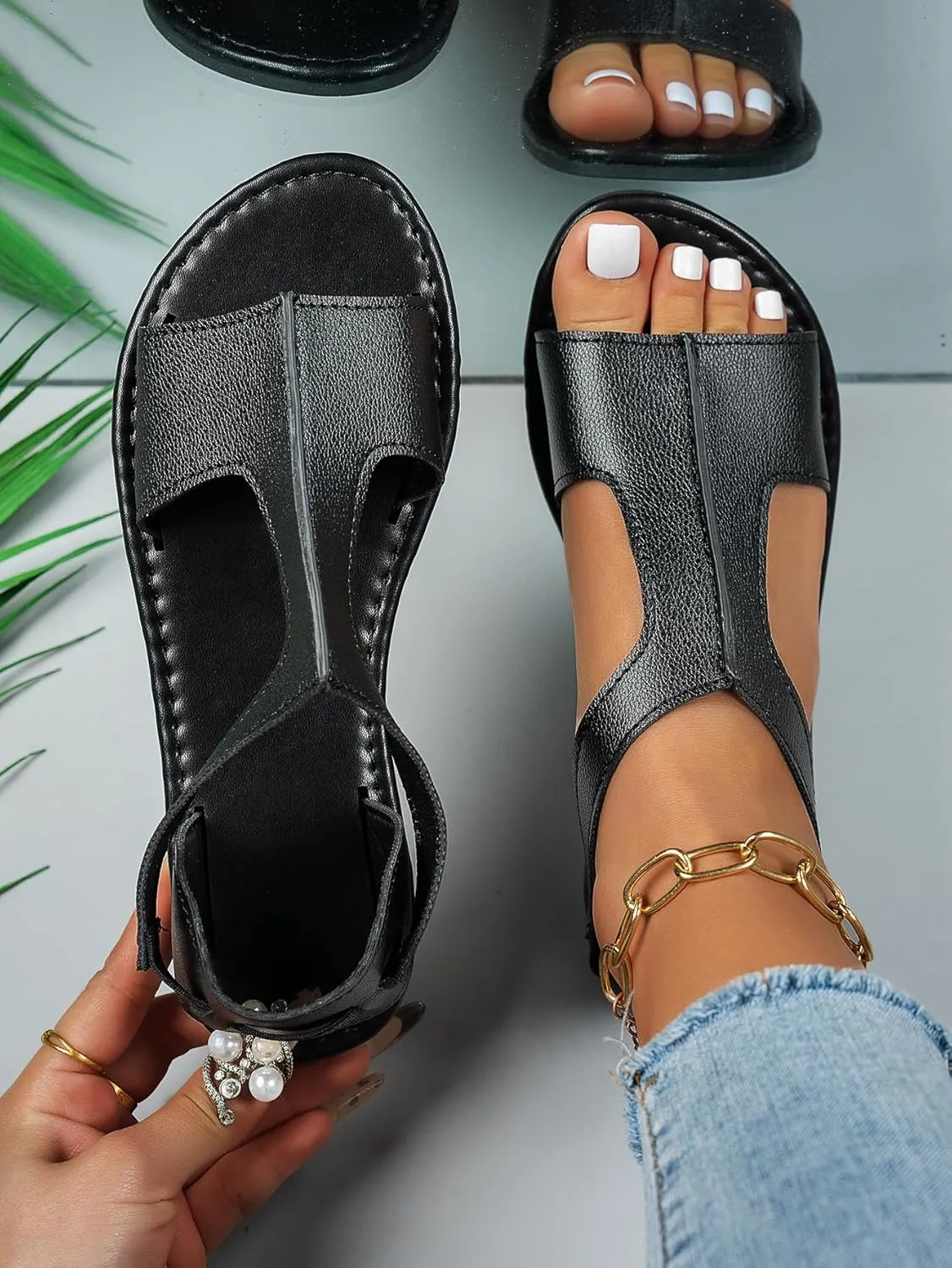 Verdusa Women's PU Leather Slingback Sandals Open Toe Flat Sandals with Ankle Strap